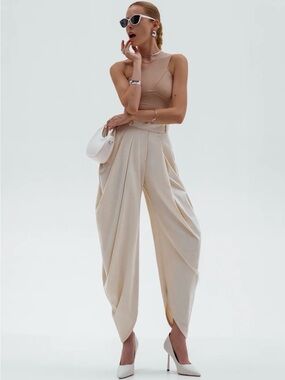 Anna Foxy Women's Cream Draped Harem Pants - Elegant High-Waist Style